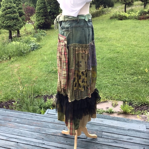Boho up-cycled tiered patchwork overdyed jean / cotton distressed maxi skirt M/L - Picture 7 of 9